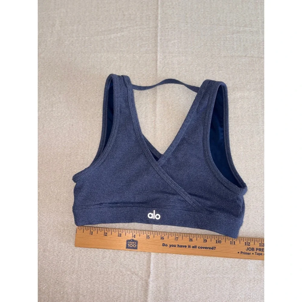 Alo Yoga togetherness Surplice Ribbed Sports Bra Small Blue Wrap Front Racerback